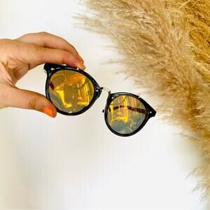 NORDSTROM Oversized Black Plastic Gold Metal Mirror Red Lens Sunglasses Sunnies